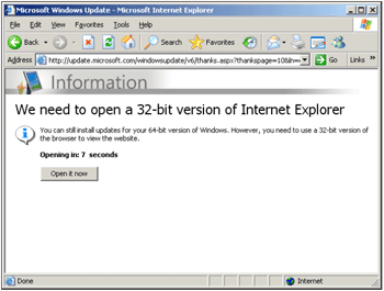 Opening the Windows Update website in 64-bit Internet Explorer