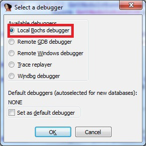 Selecting Bochs local debugger as default for this session.