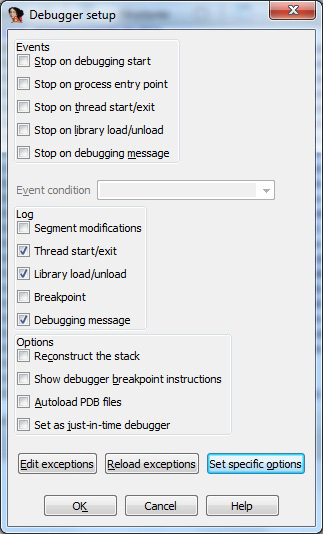 Configuring basic debugger options.