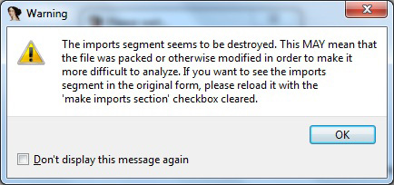 IDA Pro-generated warning during the loading of a PE+ file with a strange Import Table.