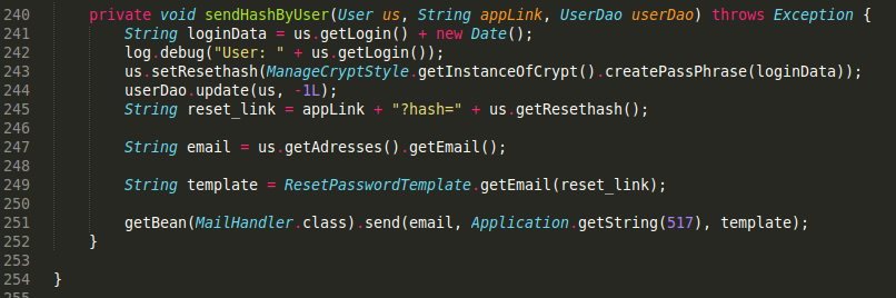 Figure 2: Extract from the password reset function.