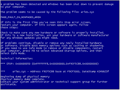 Aries blue screen crash.