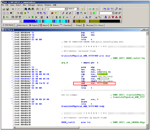 The Myfip.H variant implemented a DKOM routine patching physical memory object, but it uses a simplified translation algorithm for addresses