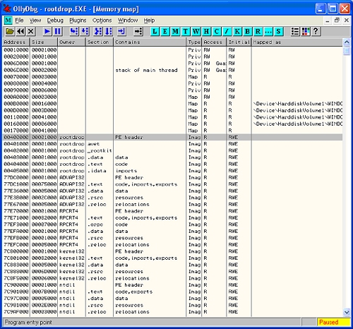 OllyDBG: Location of PE header in process memory.