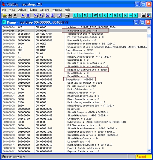 Snapshot of PE header from running process memory displayed by OllyDBG.