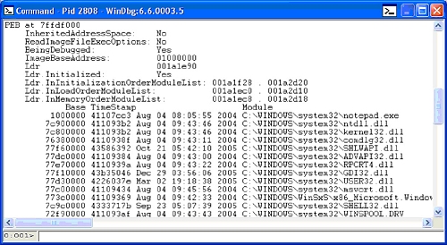 Using WinDBG to view the PEB structure of the running process.