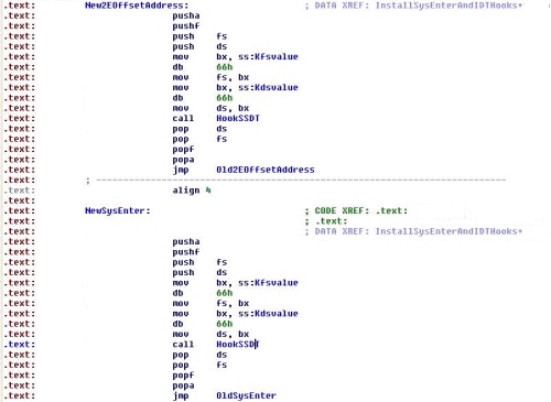 Code snippet showing INT 2E and SYSENTER hook.