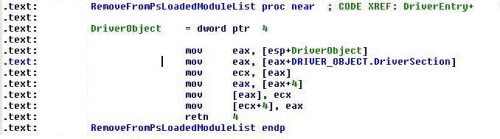 Code snippet that unlinks the driver from the loaded module list