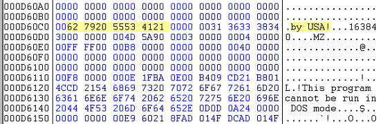 The infection marker, ‘by USA!’, followed by a length string and a new host.