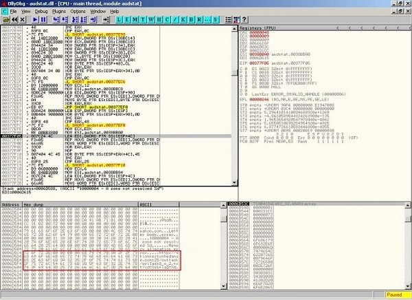 audstat.dll decrypts URLs in memory.