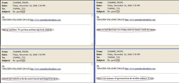 Snapshots of the spam mails being sent out from Medbot-infected machines.