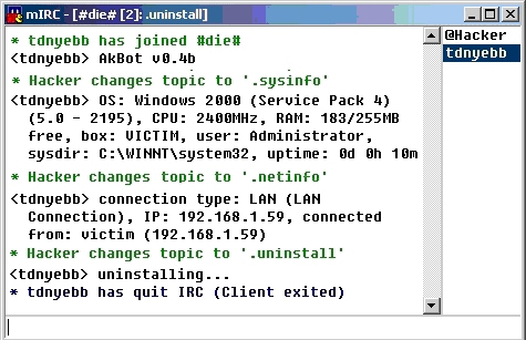 Once we get the hang of passing commands to the bot, if supported, we can issue an uninstall command and every bot that connects to this channel hereafter will uninstall itself from the infected machine.