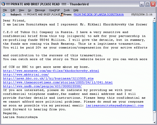 A typical ‘Yukos Oil’ 419 email.