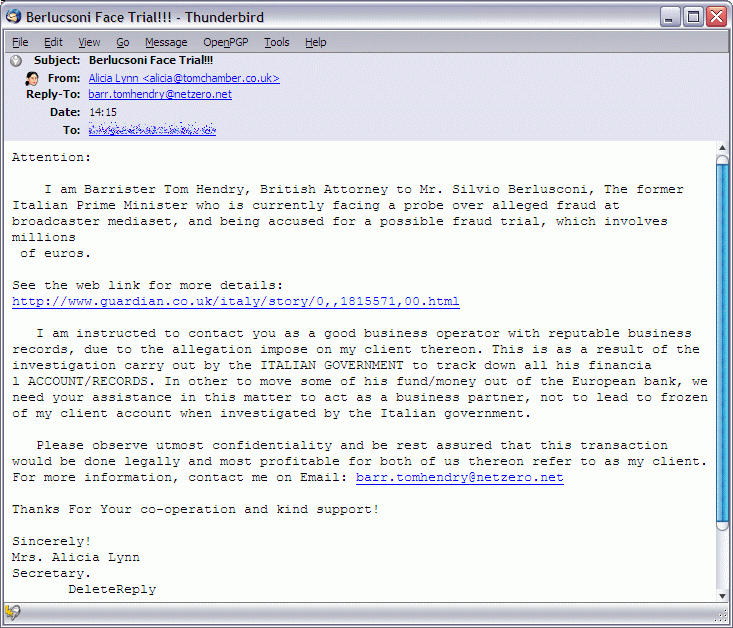 A typical political 419 email.