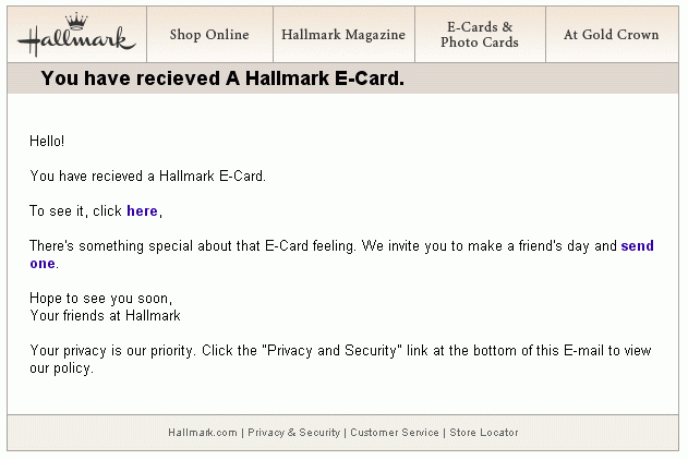 Fake Hallmark e-card email.