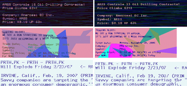 Examples of real spam images using three different text obfuscation techniques (left), and spam images generated with the proposed algorithm (right). It is easy to see that artificially generated spam images are very similar to the real ones.