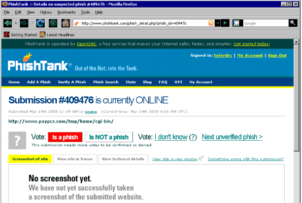 PhishTank user interface.