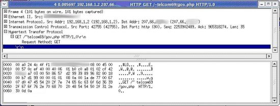 Figure 1: Request being made to 207.66.xxx.xxx/~telcom69/gov.php.