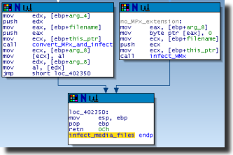 Conversion and infection steps visualized in IDA Pro.