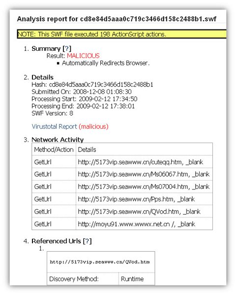 Wepawet analysis of a hostile SWF file reveals several GetURL addresses and other malicious identification.