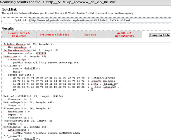 Adopstools includes a ‘Dumping Code’ section to view code within a Flash file.