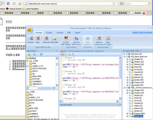 Trillix decompiles and displays scripts as well as running the Flash file via preview mode.
