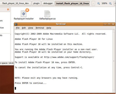 Flash Player debugger installing on a Linux computer.