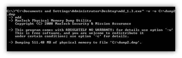Dumping physical memory to an image file using MDD.