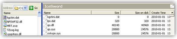 IceSword shows all the files hidden by the rootkit.
