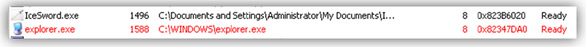 IceSword highlights (in red) a malicious rootkit process injected into explorer.exe.