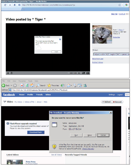 The links in the spammed messages lead eventually to either a fake YouTube page or a fake Facebook page peddling a file named ‘setup.exe’, which purports to be an Adobe Flash player update.