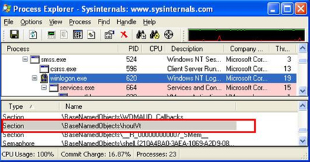 The mapped section named \BaseNamedObjects\houtVt in the Winlogon.exe process.