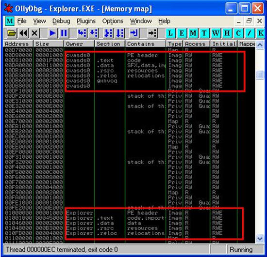 Memory map of the ‘Explorer.exe’ process within OllyDbg. It shows the map view of ‘Explorer.exe’ and the new file ‘cvasdds0’.