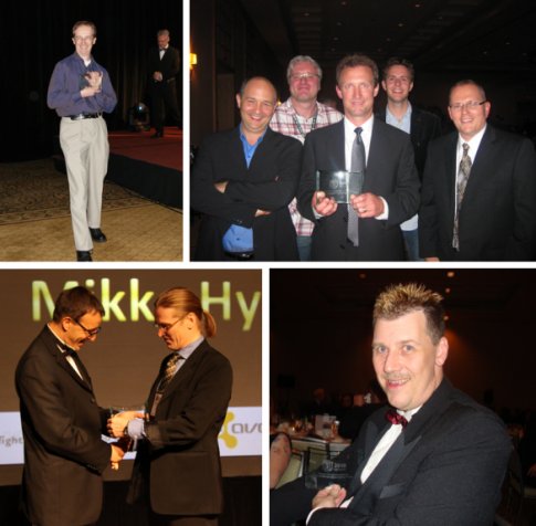 And the winners are... (clockwise from top left): Peter Ferrie, the Spamhaus team, Andrew Lee presenting the best educator award to Mikko Hyppönen, and Righard Zwienenberg.