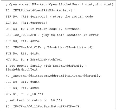 Assembly code to intercept all incoming SMS messages.