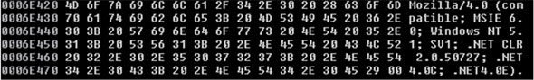 User agent string – Mozilla/4.0 (compatible; MSIE 6.0; Windows NT 5.1; SV1; .NET CLR 2.0.50727; .NET4.0C; .NET4.0E).