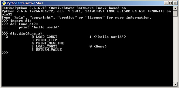 Using the dis module to disassemble function code – this works only if the bytecode map hasn’t been modified and if the co_code object is intact.