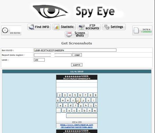 Keyboard screenshots captured by the SpyEye bot.
