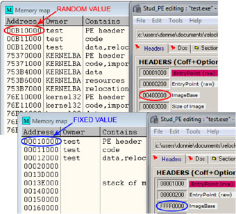 Canonical values of ImageBase (with ASLR enabled) produce relocations to random addresses, whereas the value 0xFFFF0000 forces relocation to the fixed address 0x00010000.