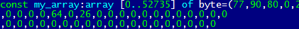 The virus body stored as an array of 52,736 bytes in Defines.inc.