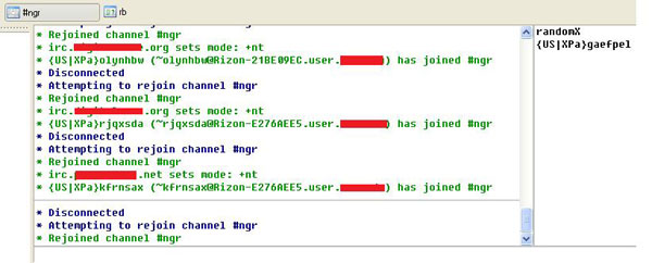 NGR bot connecting back to IRC channel.