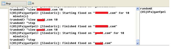 Slowloris in action through IRC channel.