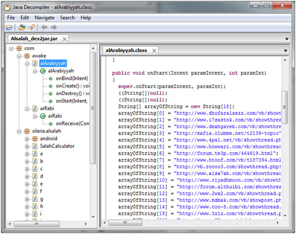 JD-GUI decompiles a JAR file to reveal URLs in the mobile malware