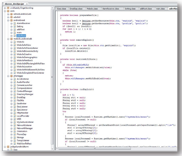 DroidDream-infected applications commonly include com.android.root. This is visible when viewing data from an APK, extracted, converted into a JAR, and then viewed within JD-GUI.
