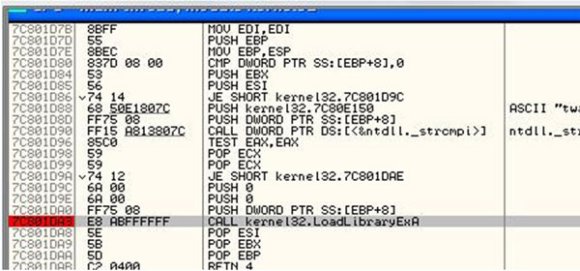 The LoadLibraryA function in FSG 1.33.