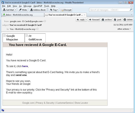 Google E-Card phishing email.
