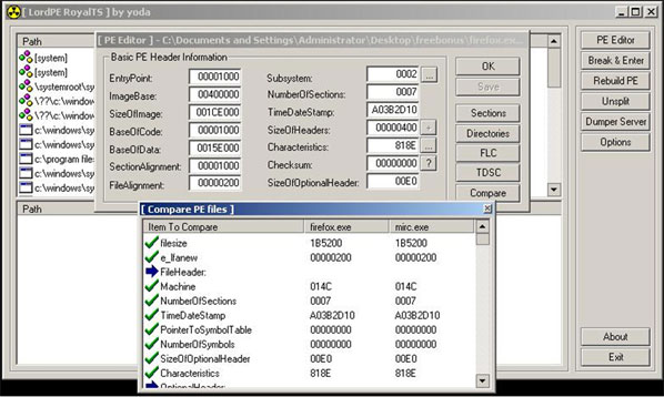 Binary comparison between firefox.exe and mirc.exe.