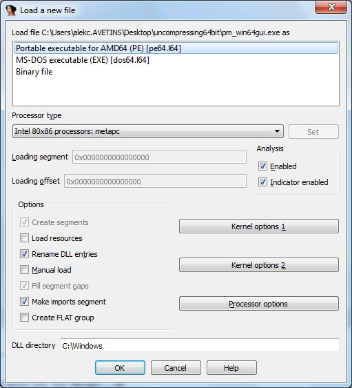 Loading the compressed file – note that the ‘Make imports segment’ option is enabled by default.