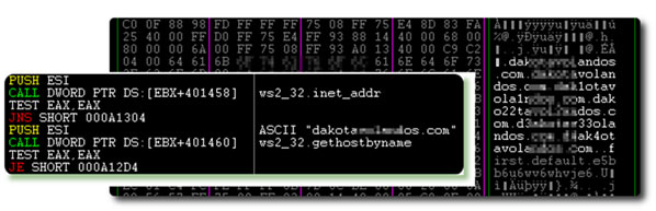 C&C domain names and the code that tries to access them.