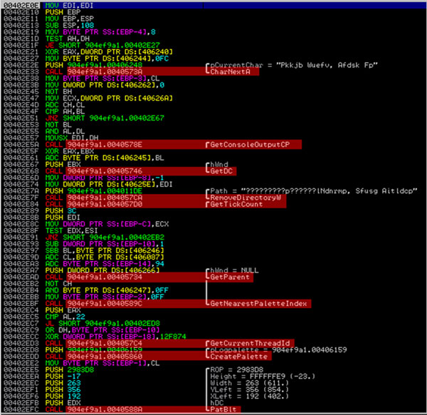 Entry point of a piece of malware injected with garbage code.